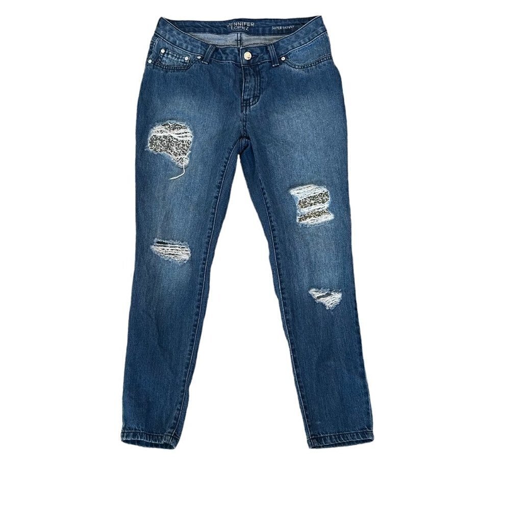 Jennifer Lopez Sequin Distressed Skinny Ankle Blue Jeans Women's Size 2